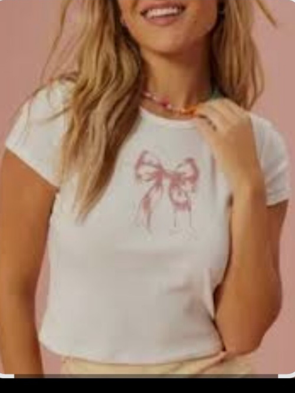 Altar'd State White Babydoll Tee with Pink Bow Accent Large